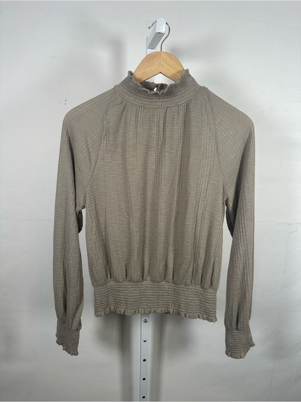 Free People Taupe Ruffle Mock-Neck Long Sleeve Top